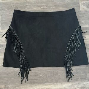 Black Suede Cowboy Fringe Mini Skirt